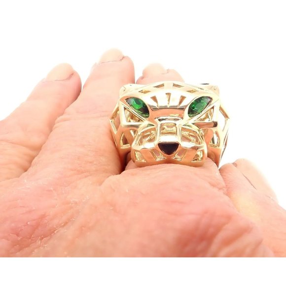 Authentic! Cartier Panther Panthere 18k Yellow Gold Tsavorite Onyx Large Ring - Picture 11 of 12